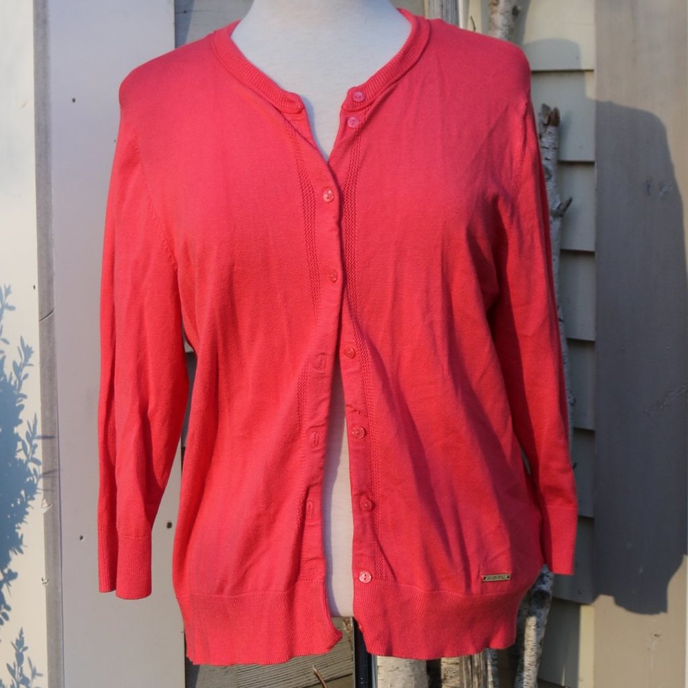 Ellen Tracy Coral Pict Edge Trim 3/4 Sleeves Classic Cardigan Sweater Sz XL
